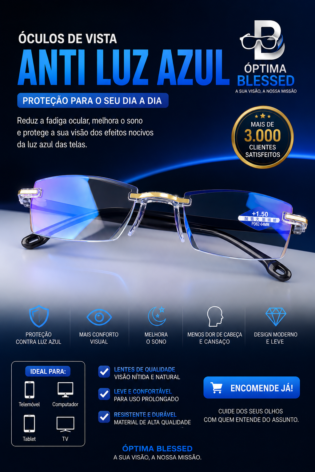 LENTES DE VISTA PARA LEITURA ANTI LUZ AZUL